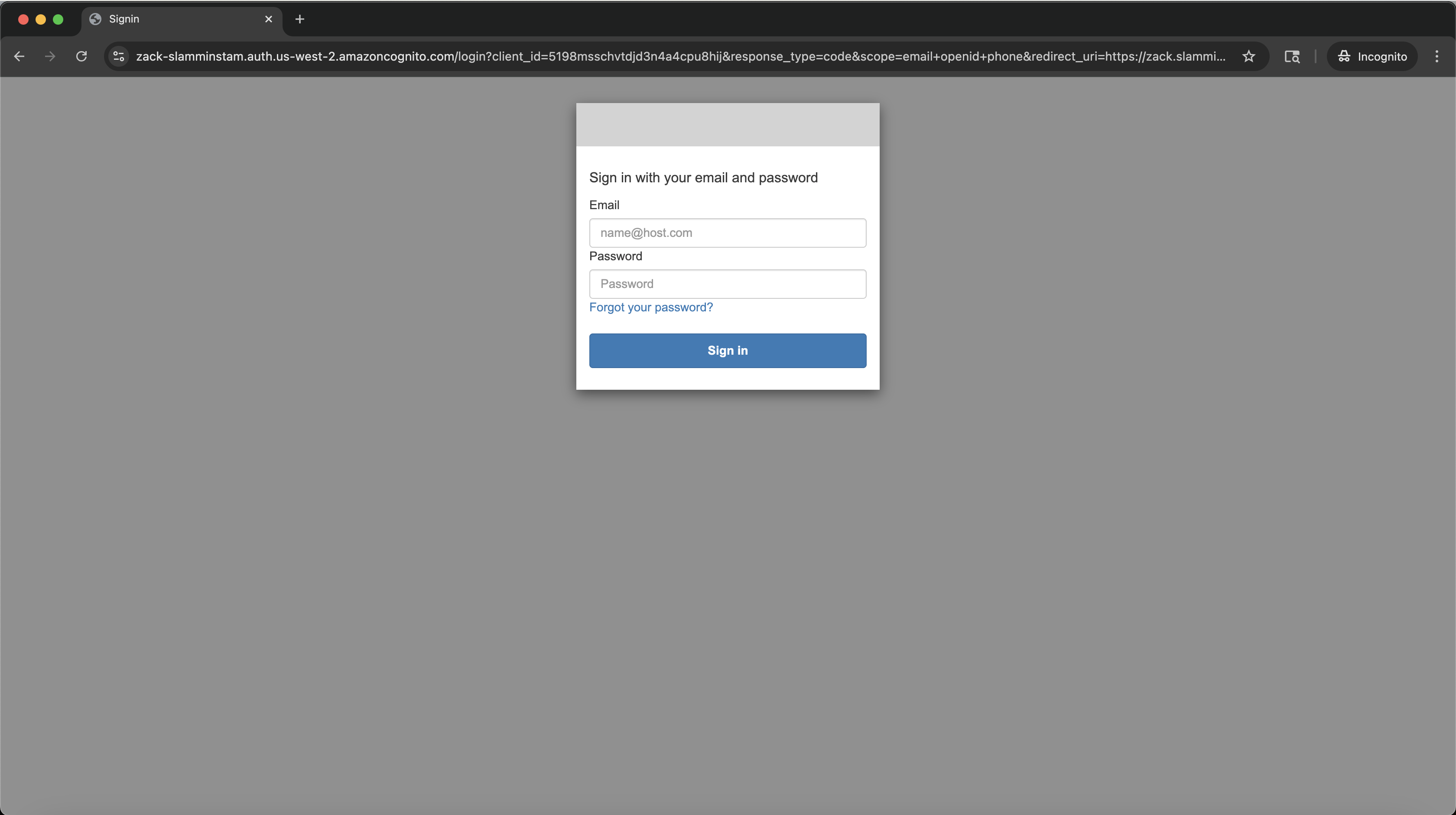 AWS Cognito hosted sign-in screen used to authenticate admin users before retrieving RSVP data