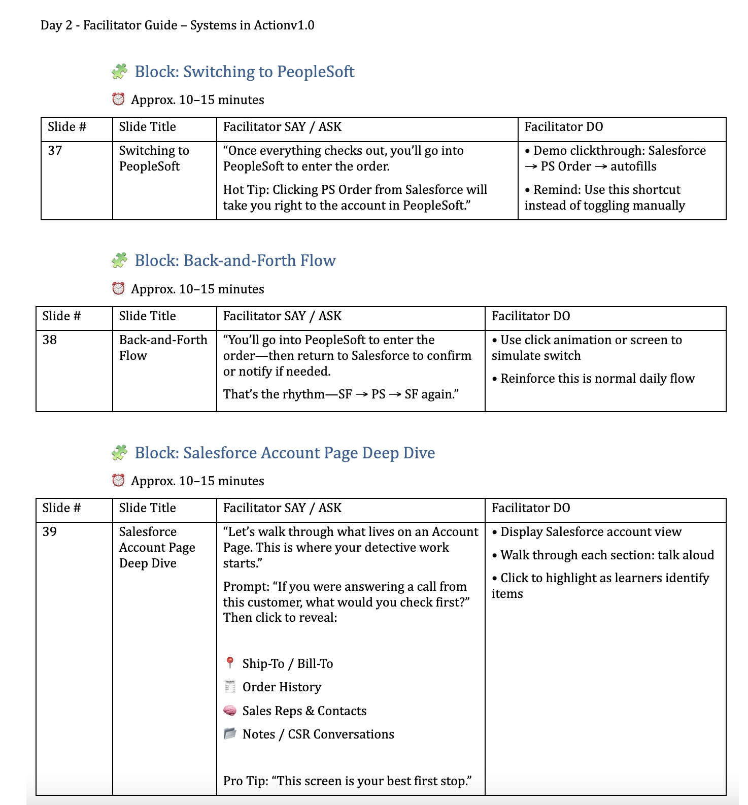 Facilitator guide page showing structured blocks with slide numbers, facilitator SAY and ASK prompts, and facilitator DO guidance for delivery consistency