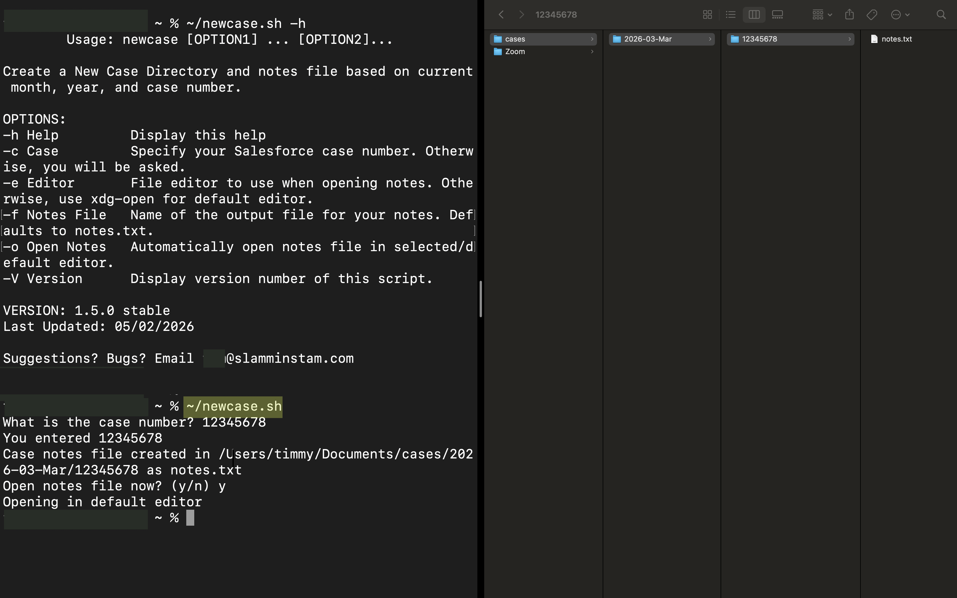 Terminal window showing completed workflow, including usage info, prompts for case number, confirmation of folder creation, and a yes-no response for opening the generated notes file.