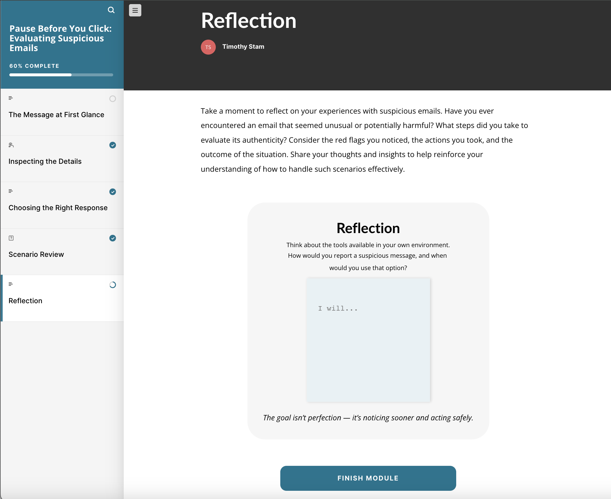 Reflection screen prompting learners to think about how they would report a suspicious message in their own environment, reinforcing real-world transfer beyond the scenario itself